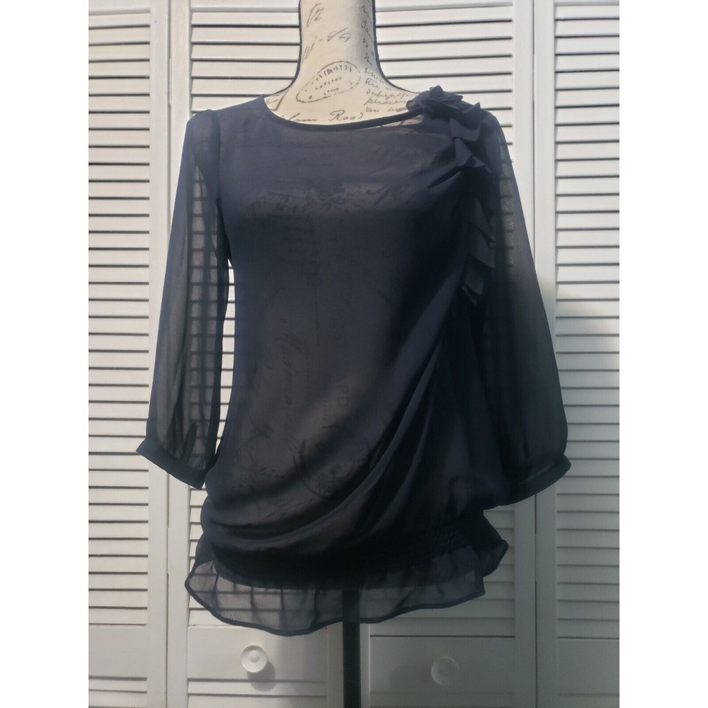 Banana Republic Sheer Top Women's‎ Small Black 3/4 Sleeve Elastic Waist Ruffle
